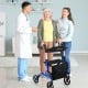 Folding aluminum rollator walker in blue with 8-inch wheels, adjustable height, and seat for comfortable mobility.