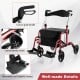 Adjustable folding handle rollator walker in red with storage bag, cane holder, and anti-skid footrests for safety.