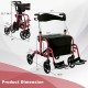 Adjustable folding rollator walker in red with storage space, showing dimensions and features for convenience and.