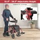Adjustable 2-in-1 rollator walker in red, featuring six height settings and a detachable storage bag for convenience.