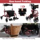 Adjustable red rollator walker with storage, convertible to wheelchair, featuring ergonomic handles and foldable design.