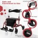 Adjustable red rollator walker with storage bag, dual braking system, and anti-skid pedals for safety and convenience.