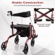 Adjustable folding handle rollator walker in red with storage space, reinforced aluminum frame for stability and safety.
