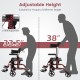 Folding rollator walker with adjustable height, supporting up to 300 lbs, shown in red with 6-level height adjustment.