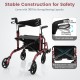 Folding rollator walker in red with seat, dual hand brakes, and 300 lbs capacity for versatile mobility support.