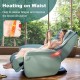 Full body zero gravity massage chair in pale turquoise with waist heating feature for improved blood circulation.