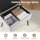 Gray velvet storage ottoman with solid wood legs, featuring a spacious hidden storage compartment for versatile use.