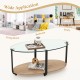 Oval coffee table with tempered glass top and wooden shelf, ideal for living room, study, or bedroom decor.