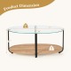 Oval coffee table with tempered glass top and wooden shelf, featuring adjustable foot pads for stability and modern.