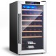20-inch wine refrigerator with tempered glass door, holds 33 bottles, features adjustable wooden shelves and LED.