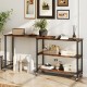 Large 360-degree rotating sofa side table in rustic brown with wheels and 2-tier storage shelves for versatile use.