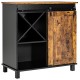 Industrial storage cabinet with rustic brown finish, featuring a sliding barn door, wine rack, and ample storage for.