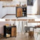 Industrial storage cabinet with sliding barn door in rustic brown, featuring 3-tier shelves and wine bottle organizer.