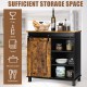 Industrial storage cabinet with sliding barn door, rustic brown finish, featuring 3-tier shelves and wine bottle.