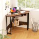 Triangle corner desk in rustic brown with charging station, keyboard tray, and storage shelf for efficient workspace.