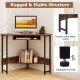 Triangle corner desk in rustic brown with charging station, keyboard tray, and adjustable foot pads for stability.
