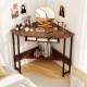 Triangle corner desk in rustic brown showcasing a spacious top surface, perfect for potted plants and decorative items.