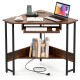 Triangle corner desk in rustic brown with charging station, keyboard tray, and storage shelf for versatile workspace.