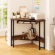Triangle corner desk in rustic brown featuring a keyboard tray and bottom storage shelf, perfect for optimizing corner.