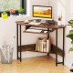 Triangle corner desk in rustic brown with a spacious top surface, perfect for laptops and decorative items in any room.
