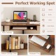 Triangle corner desk in rustic brown with charging station, keyboard tray, and bottom storage shelf for versatile.