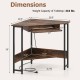 Triangle corner desk in rustic brown with charging station, keyboard tray, and dimensions for versatile placement.