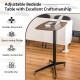 Height adjustable mobile standing desk in brown with lockable wheels, ideal for versatile use in living rooms or.