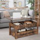 Lift top coffee table in rustic brown with storage drawers, ideal for working or dining in a cozy living room setting.