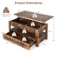 Lift top coffee table in rustic brown with dimensions, featuring 2 storage drawers and hidden compartment for versatile.