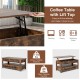Lift top coffee table in rustic brown with 2 storage drawers, ideal for working, eating, or watching videos.