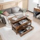 Lift top coffee table in rustic brown with two storage drawers, ideal for working or relaxing in a living room setting.