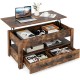 Lift top coffee table in rustic brown with 2 storage drawers and hidden compartment, ideal for working or dining.