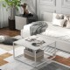 Modern glass square coffee table with faux marble top and matte steel frame, ideal for living room use.