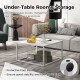 Modern glass square coffee table with a matte steel frame, featuring roomy under-table storage for magazines and books.
