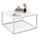 Modern square coffee table with faux marble top and matte steel frame, perfect for living room or bedroom decor.