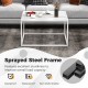 Modern glass square coffee table with a matte steel frame and faux marble top, perfect for living room decor.