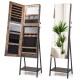 Freestanding jewelry cabinet in rustic brown with full-length mirror, LED lights, and multiple storage compartments.