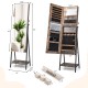 Freestanding jewelry cabinet in rustic brown with full-length mirror, multiple storage compartments, and adjustable.
