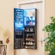 Wall-mounted jewelry cabinet in black with full-length mirror, LED lights, and organized storage for jewelry and.