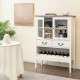 White sideboard buffet cabinet with tempered glass doors, wine rack, and pull-out drawers for organized storage.