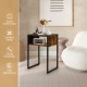 Industrial side table with open storage, MDF and steel frame, compact design for bedroom or living room use.
