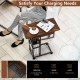 C-shaped end side table in rustic brown with charging station, wheels, and open storage for easy access and convenience.