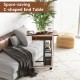 C-shaped end table in rustic brown with charging station, wheels, and open storage, ideal for small spaces.
