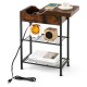 Rustic brown side end table with charging station, featuring a flip-up top, USB ports, and open storage for living room.