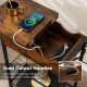 Side end table in rustic brown with flip-up top, featuring charging station and dual cutout handles for cable.