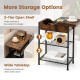 Side end table in rustic brown with flip-up top, featuring a charging station and open shelf for versatile storage.