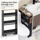 Slim black rolling storage cart with three tiers and wooden top, ideal for narrow spaces in kitchens or bathrooms.