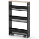 Rolling kitchen slim storage cart in black with 3 tiers and wooden top, ideal for compact spaces and easy mobility.