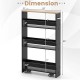 Rolling kitchen slim storage cart with dimensions, featuring a black finish and three tiers for organizing utensils.