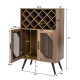 Rustic brown 2-door farmhouse kitchen storage bar cabinet with 11-bottle wine rack and glass holder for versatile use.